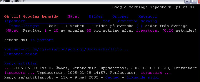 Lynx visar s�kning fr�n Google